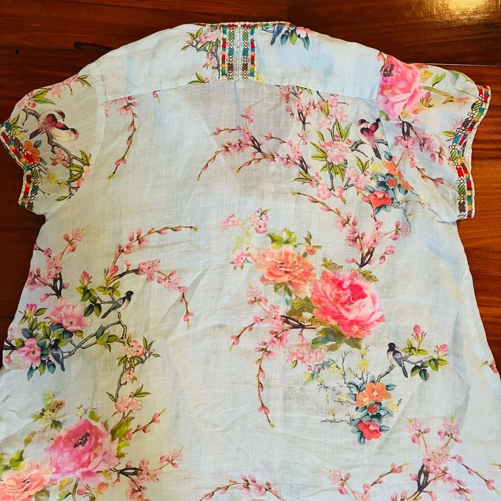 Johnny Was Light Blue Floral V-Neck Blouse - Picture 6 of 10